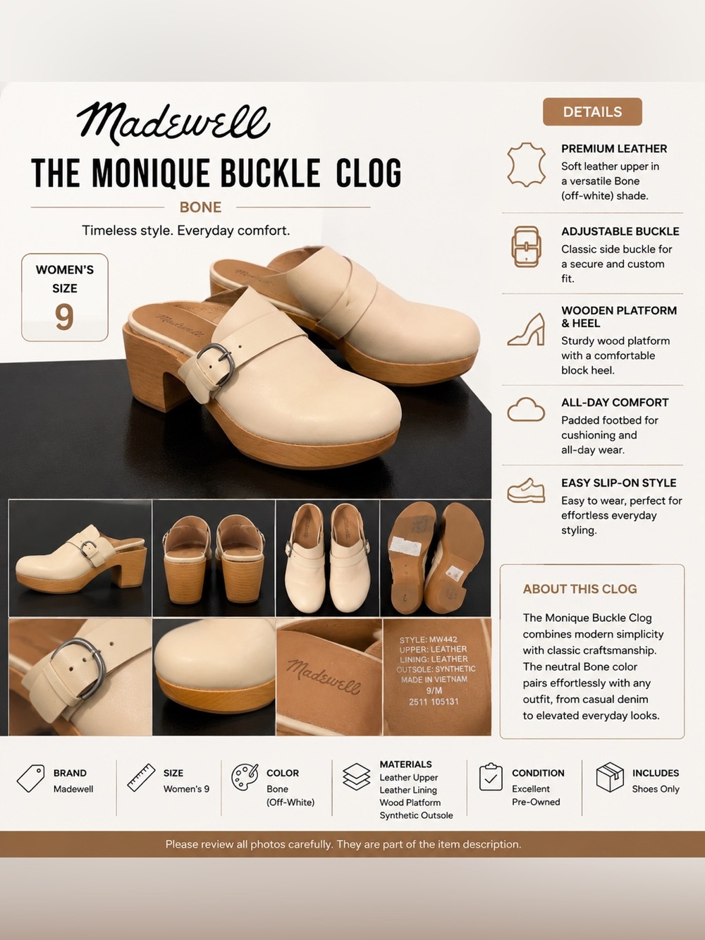 Madewell The Monique Buckle Clog Bone Leather Mules Women’s Size 9 Block Heel